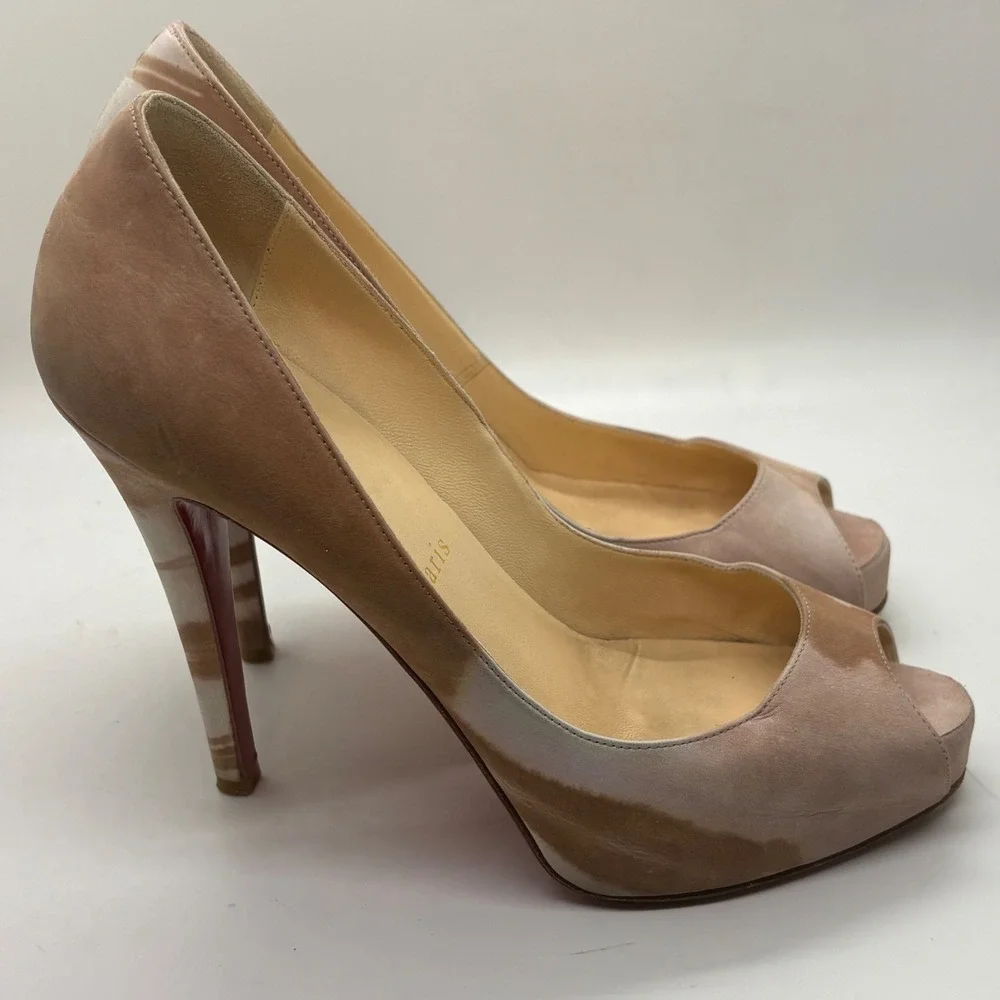 Christian Louboutin Marbled Tan Suede Peep Toe Platform Pumps Red Bottoms 37